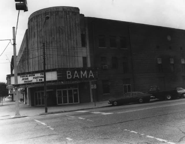 The Bama Theatre on Greensboro Avenue in downtown Tuscaloosa, photographed in black and white in the 1970s